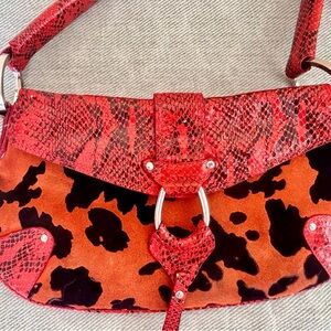 Rare Da Milano Snake & Cow Leather Shoulder Handbag Satchel Bag Orange Black